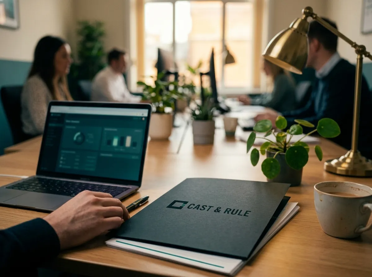 A practice laptop on a wooden desk beside a dark Cast & Rule folder and a cup of tea, colleagues working in the office behind.