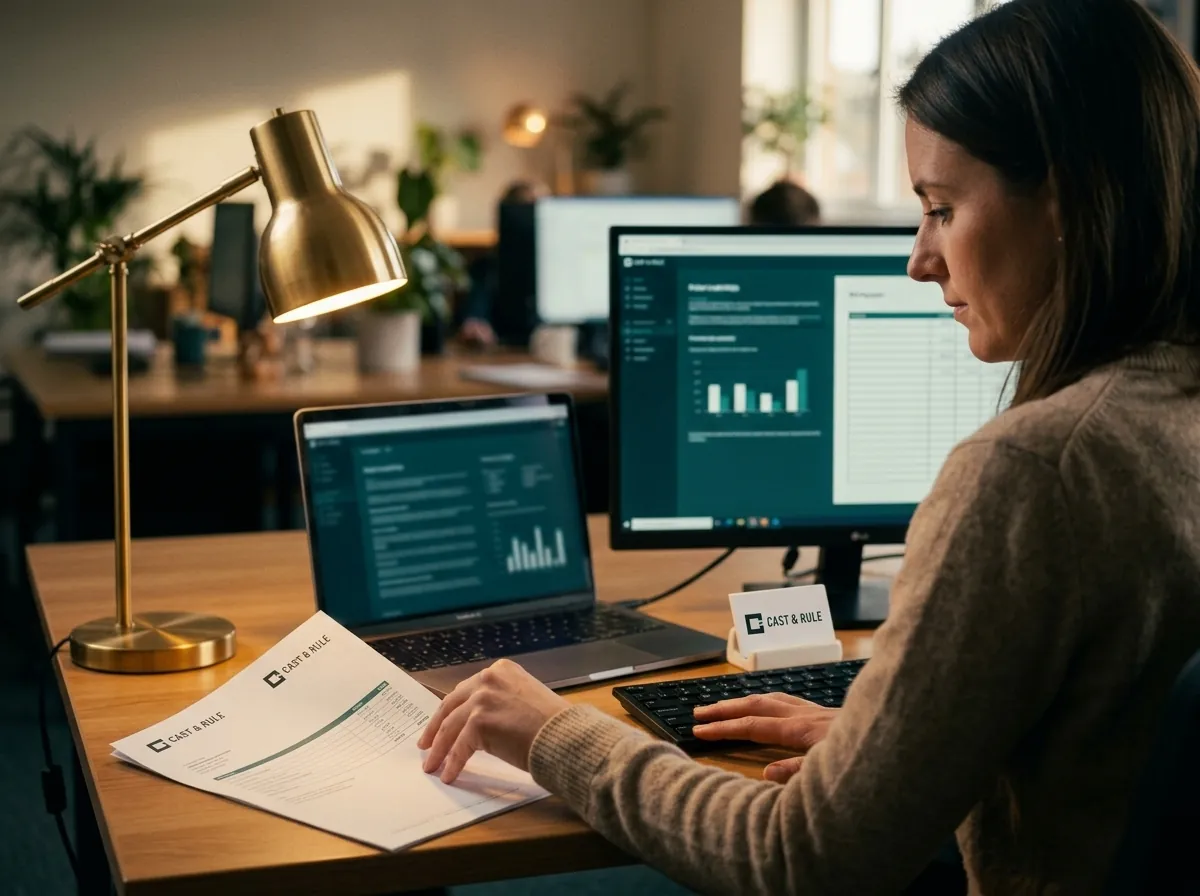 An accountant at a desk with a laptop and a monitor reaches for a Cast & Rule workpaper, a Cast & Rule desk card by the keyboard.