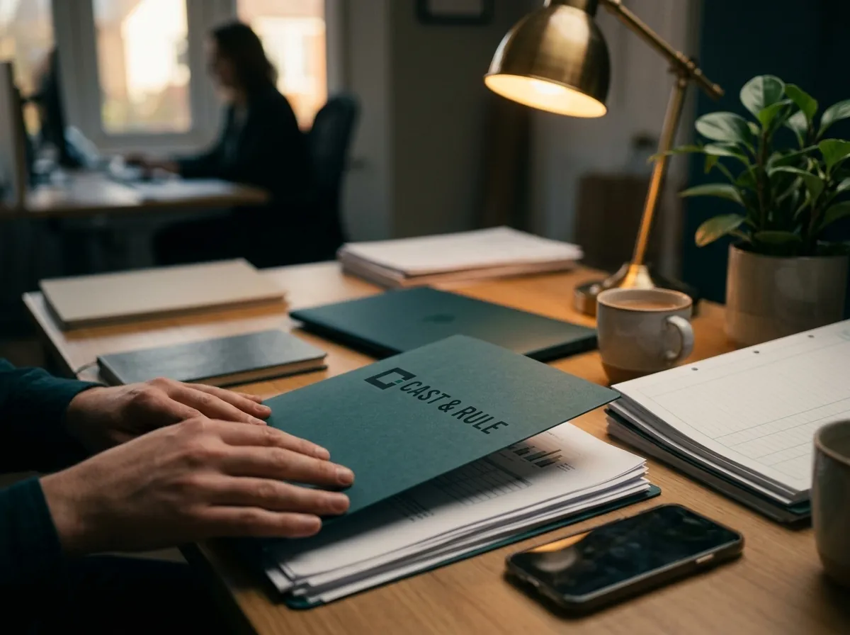 Hands closing a teal Cast & Rule client folder over a stack of papers, a phone set aside at the edge of the desk.