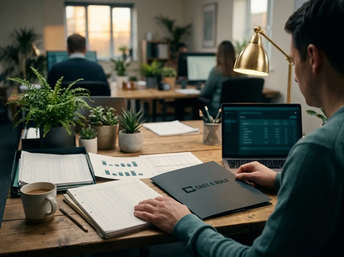 A partner sits with two printed options and a charcoal Cast & Rule folder on a wooden desk, a laptop and brass lamp beside them.