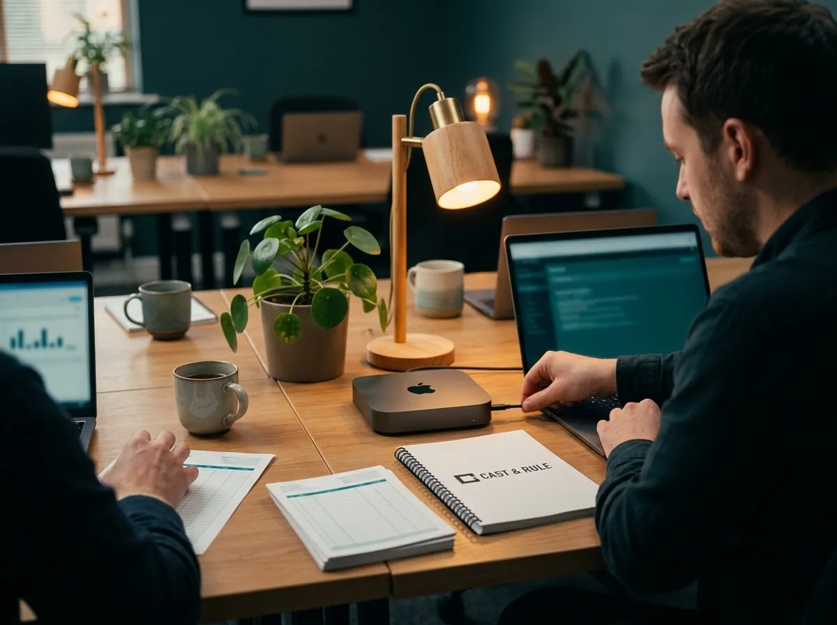 Two colleagues at a shared desk, one connecting a laptop to a small desktop computer, a Cast & Rule booklet between them.