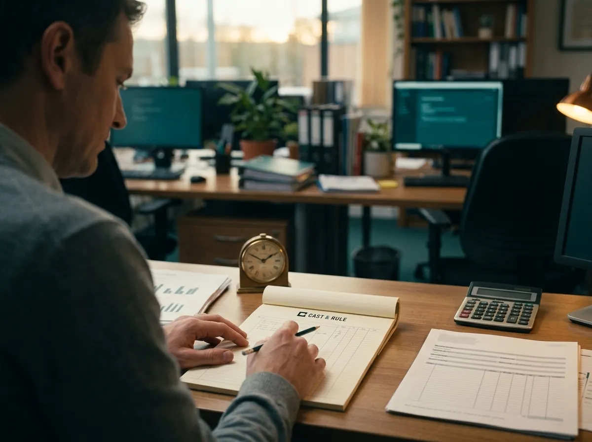 An accountant, seen from behind, pencils figures onto a Cast & Rule notepad beside a calculator and a small brass clock.