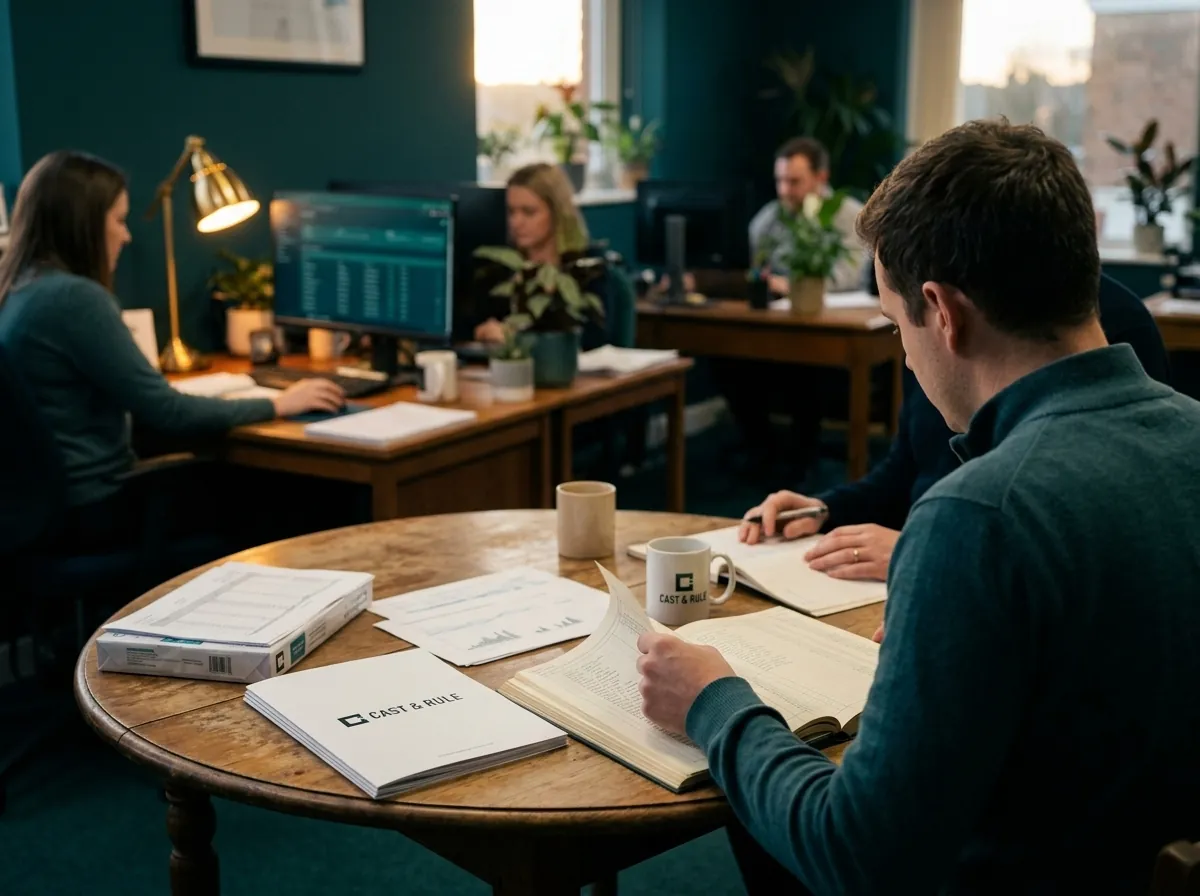 Colleagues at a round table in a small practice read through papers, a Cast & Rule folder and mug on the table.