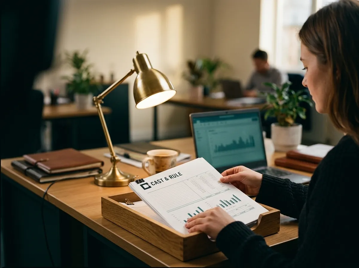 A staff member places a clipped set of Cast & Rule workpapers into a wooden in-tray beside a brass desk lamp.