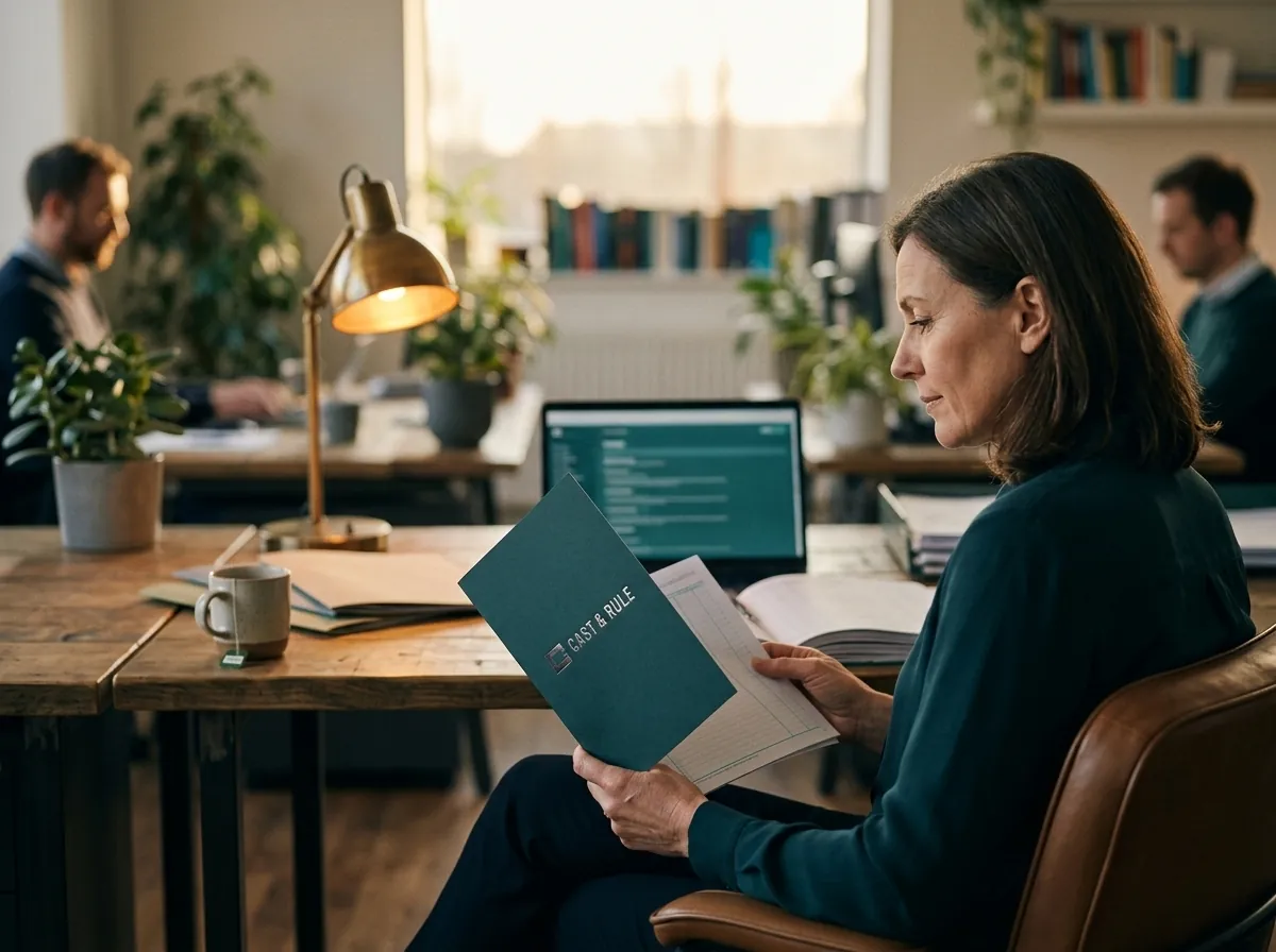 A partner reads a teal Cast & Rule briefing in a leather chair, colleagues working at desks behind.