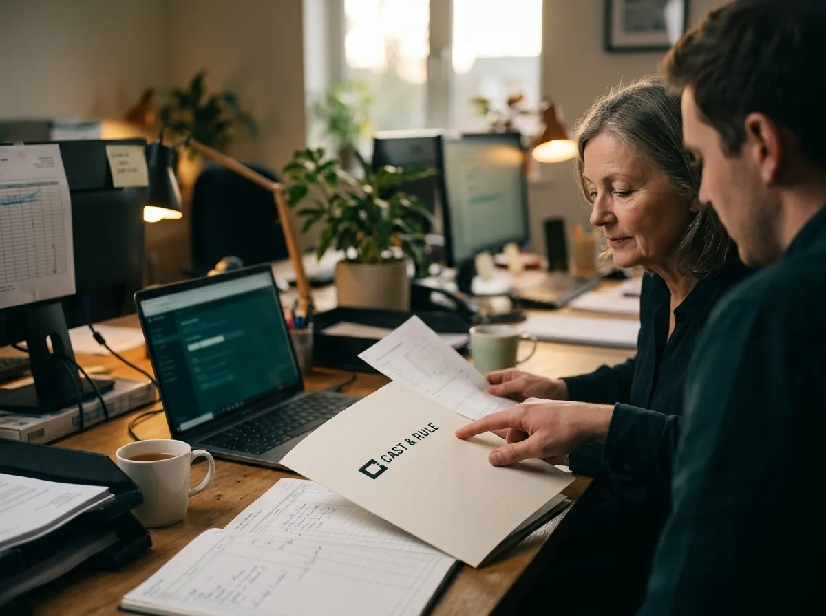 Two people at a desk go through a Cast & Rule folder together, one pointing at a page, a laptop and tea beside them.