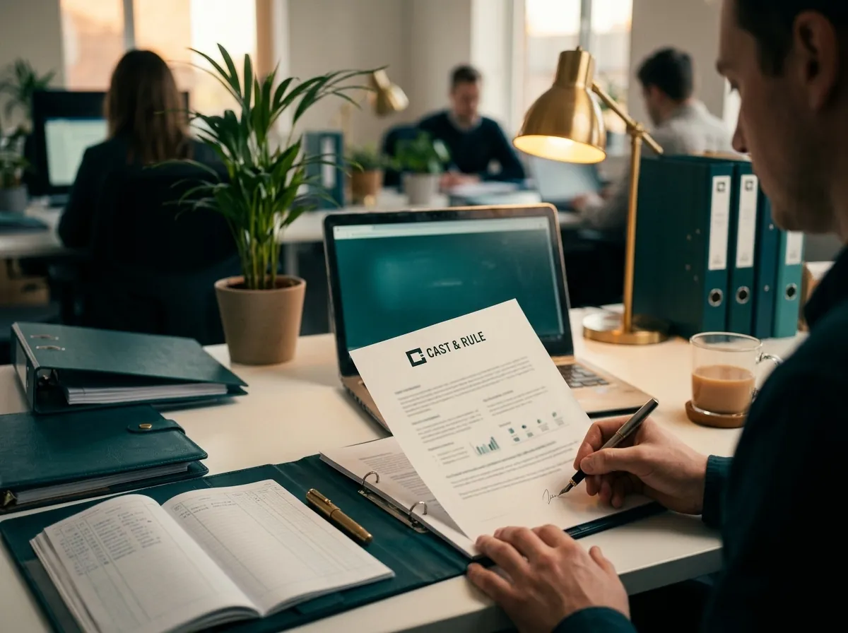 An accountant signs a policy on Cast & Rule letterhead with a fountain pen, ring binders and a laptop on the desk.