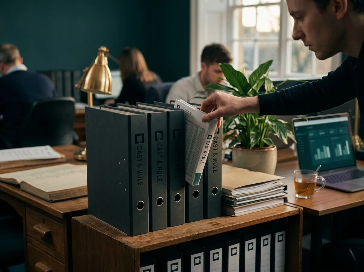 A hand lifts a printed pack from a row of dark ring binders with Cast & Rule spines on a wooden shelf.