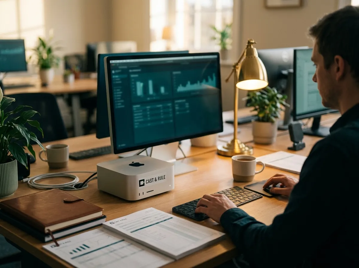 A compact desktop computer with a Cast & Rule label sits on a desk in the practice's own office while an accountant works beside it.