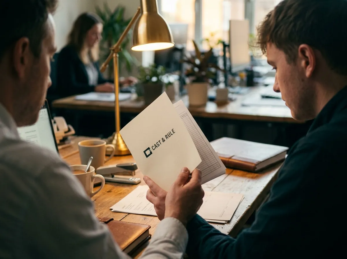 Two colleagues look through a Cast & Rule security booklet together at a wooden desk.