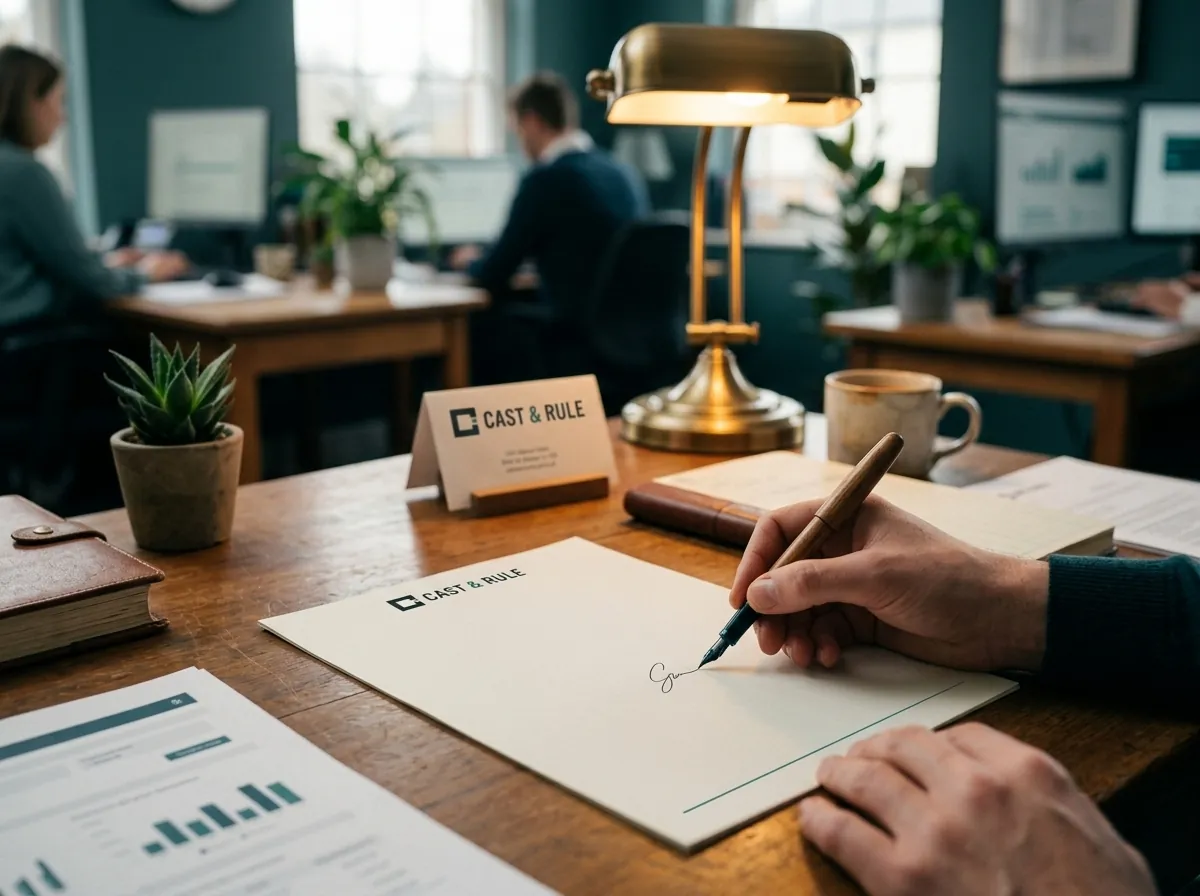 A partner signs a sheet of Cast & Rule letterhead with a fountain pen beside a Cast & Rule desk card and a brass lamp.
