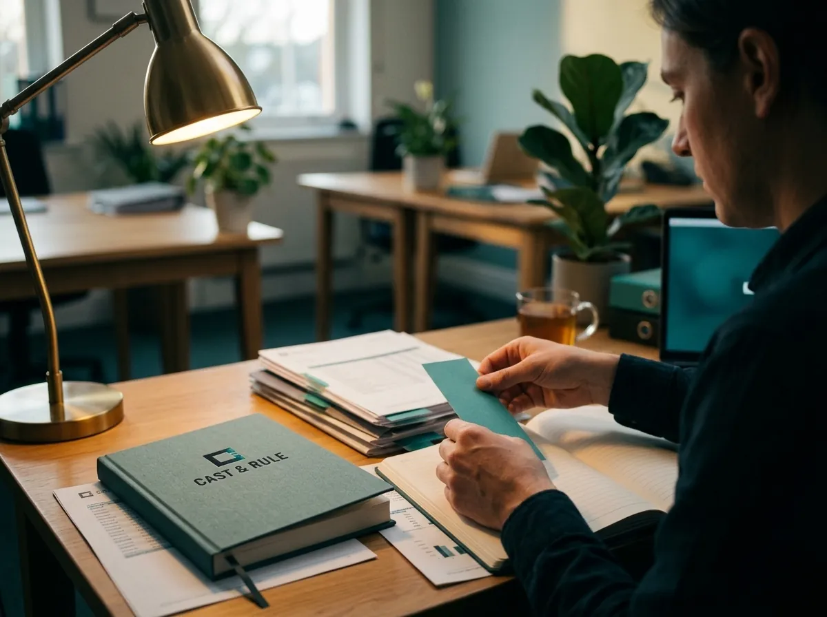 An accountant marks pages of a reference book with teal paper tabs beside a Cast & Rule notebook.