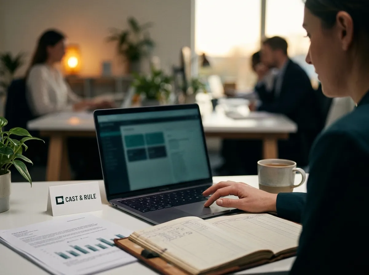 An accountant works on a laptop showing a softly blurred dashboard, a Cast & Rule desk card beside it.