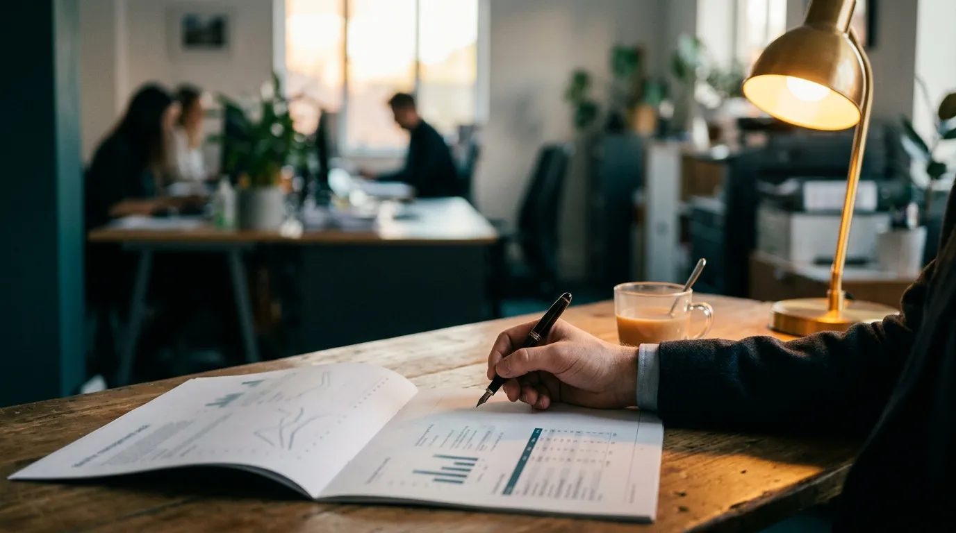 A partner's hand, pen poised, over an open management pack on a wooden desk beside a brass lamp and a cup of coffee, the busy office softly blurred behind.