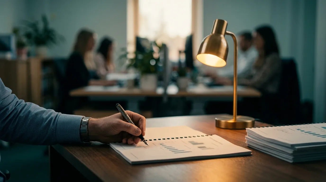 A partner's hand signing off a printed pack beneath a lit brass desk lamp, a finished stack squared beside it, the calm office softly blurred behind.