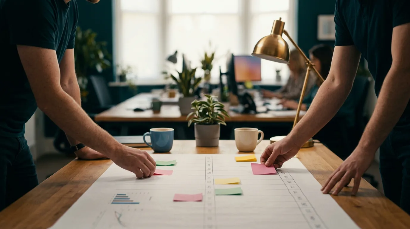 Two colleagues' hands placing sticky notes along a paper timeline of months on a wooden table, mugs and a plant beside them.